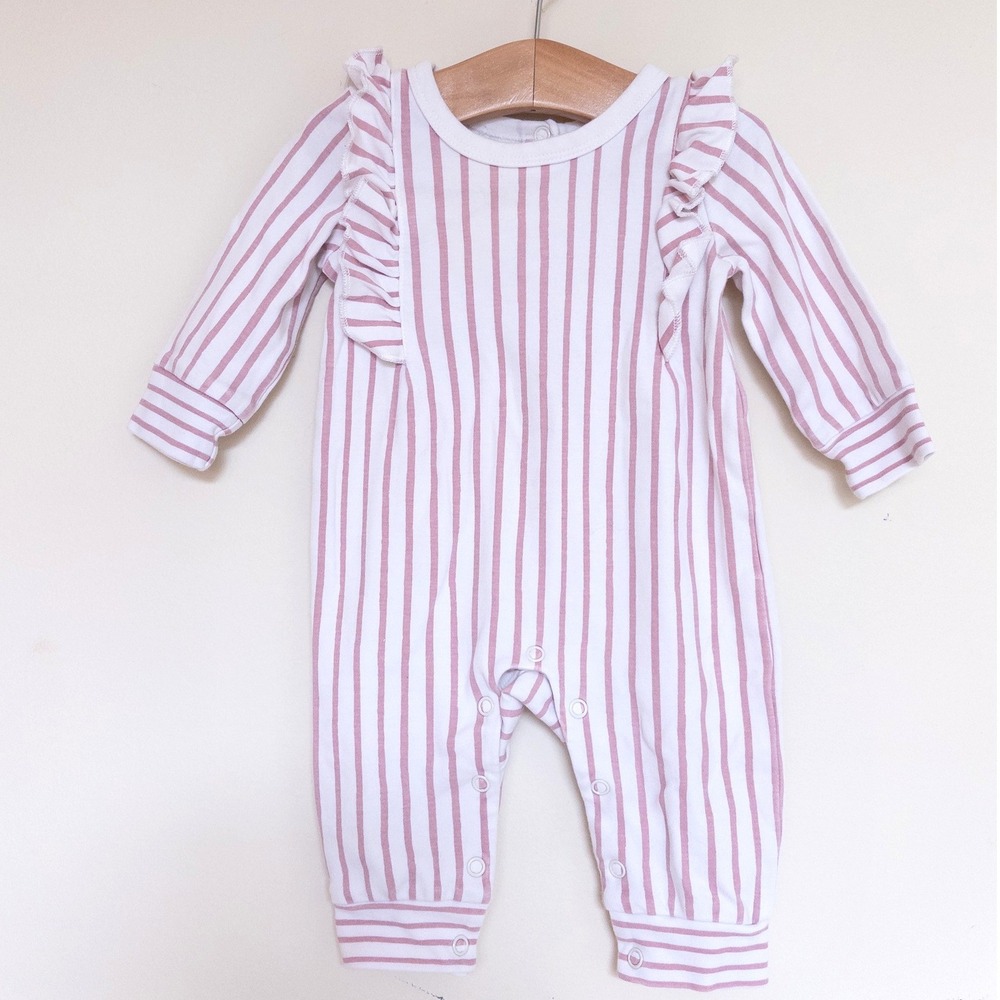 Pehr Romper Pink Stripe Ruffle Organic Cotton Baby Girl 3-6 Months